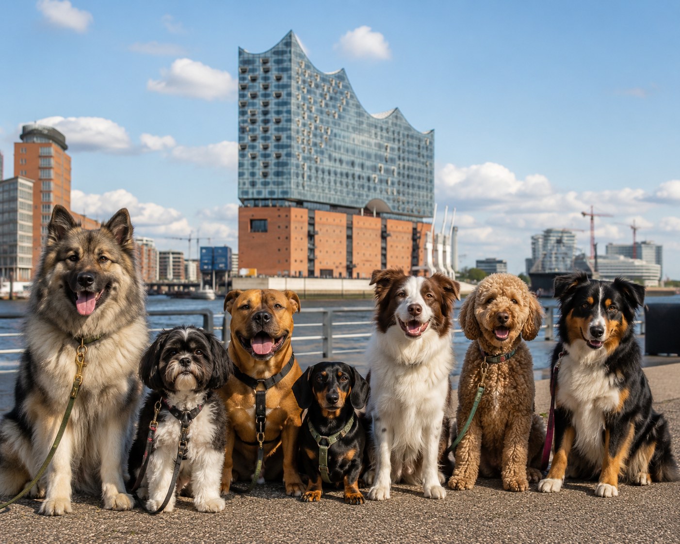 Sieben Hunde verschiedener Rassen sitzen nebeneinander an der Elbe, dahinter die Hamburger Elbphilharmonie