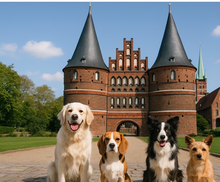 Vier Hunde sitzen auf dem gepflasterten Weg vor dem Lübecker Holstentor