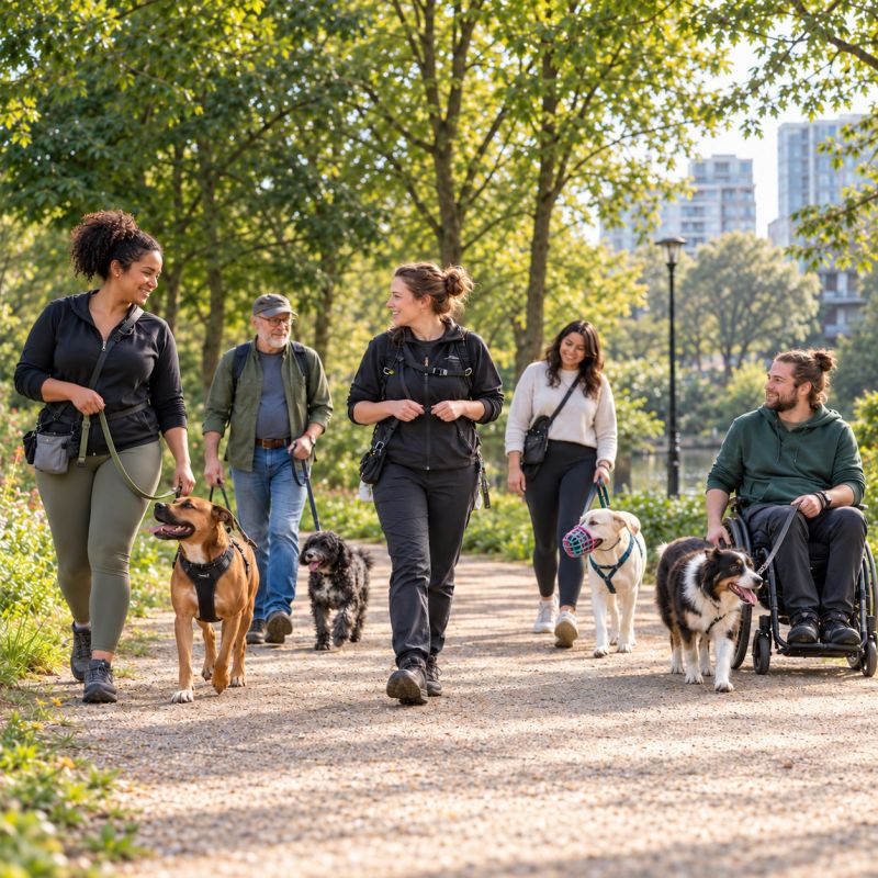 Hundetrainerin geht mit einem kleinen dreifarbigen Hund an lockerer Leine über eine Wiese, daneben nummerierte Rally-Obedience-Schilder