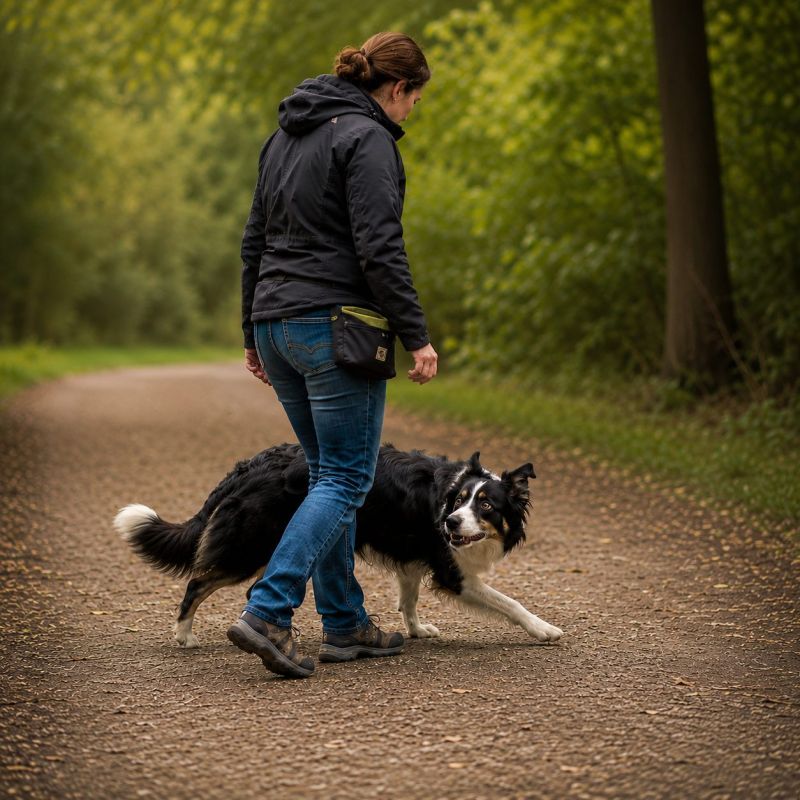 Border Collie umkreist mit tief gesenktem Kopf die Beine einer Hundetrainerin auf einem Waldweg