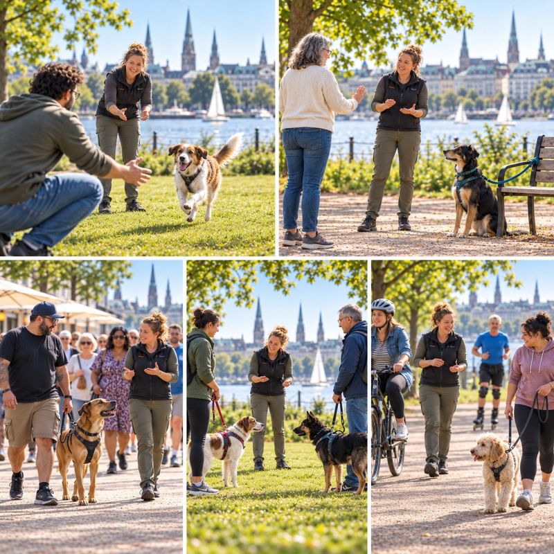 Drei Szenen aus dem Gruppentraining: Spaziergang an der Alster, Hundebegegnung und ein Radfahrer, der an einem Hund vorbeifährt