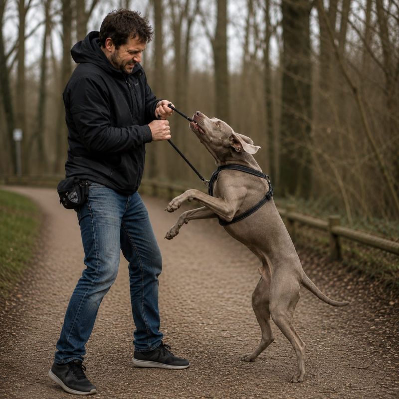 Weimaraner springt an der Leine hoch zu einem Mann, der im Wald eine Belohnung in der Hand hält