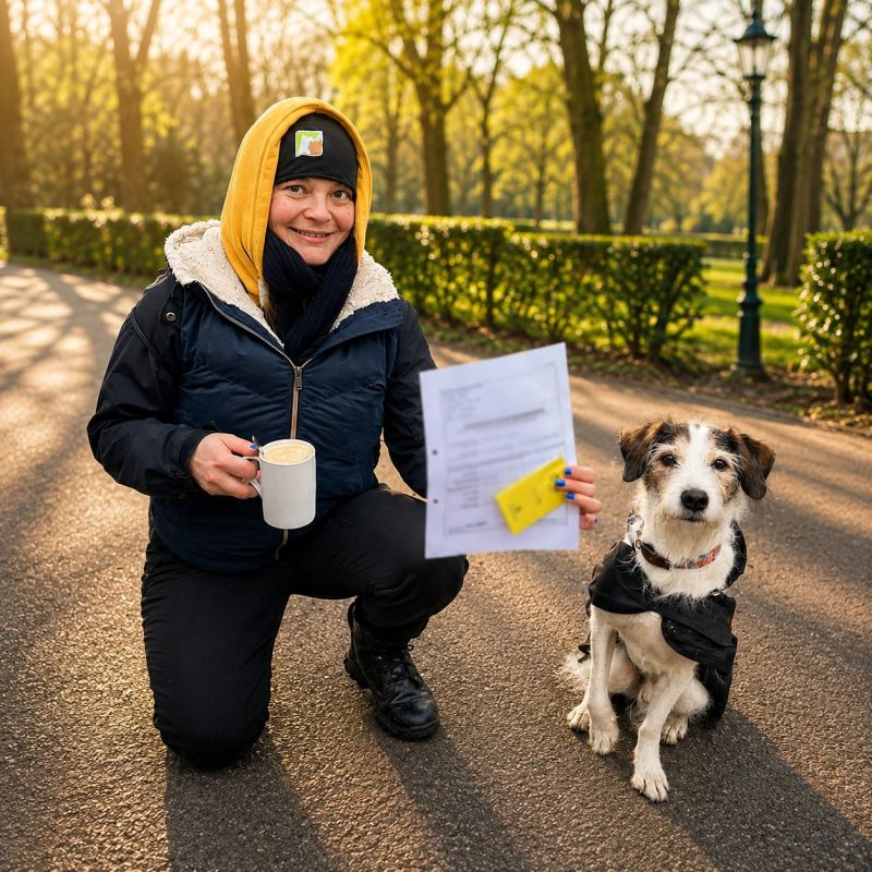 Maren kniet neben einem Hund und hält die Unterlagen für die Gehorsamsprüfung in der Hand